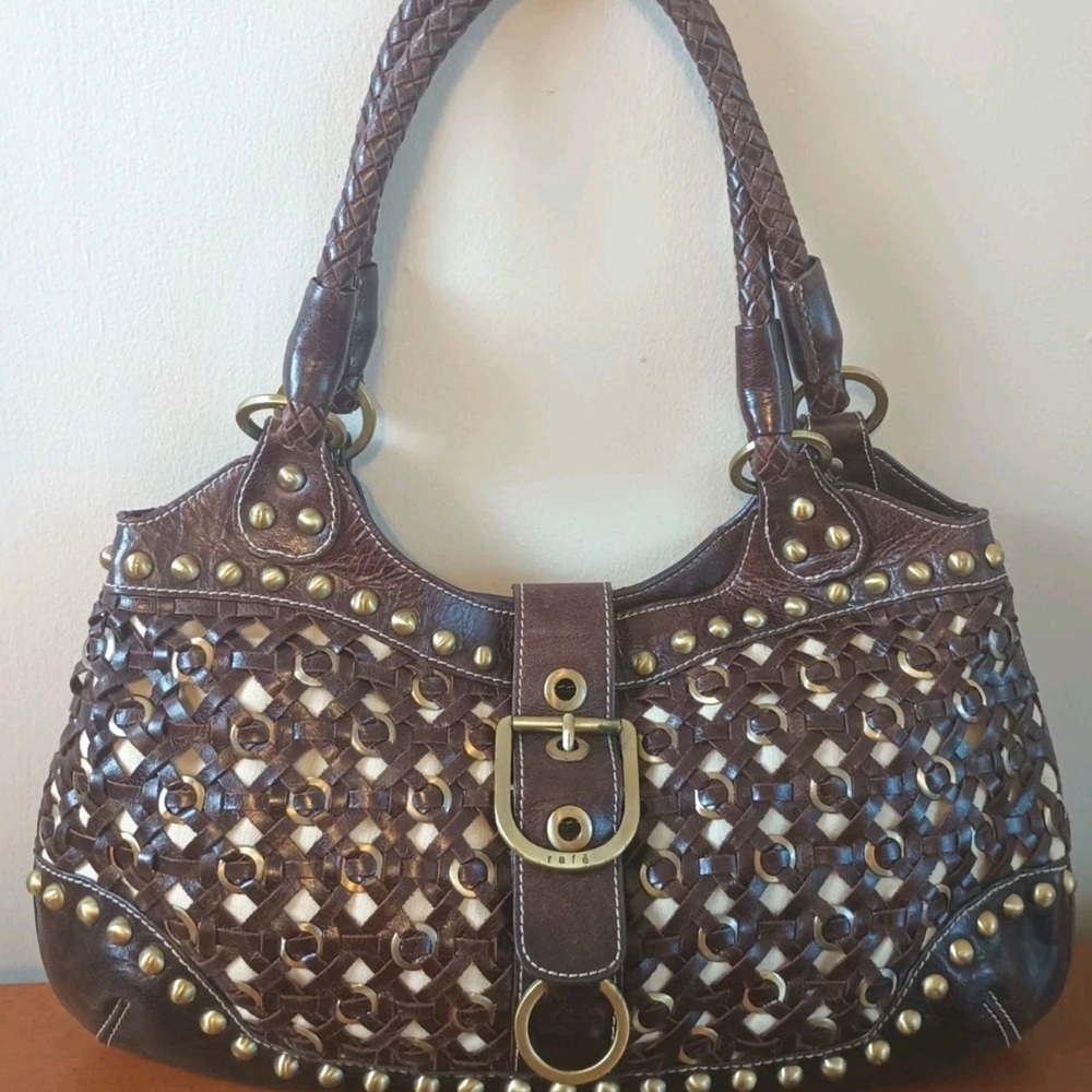 Rafe Dark Brown Woven Shoulder Bag with Gold Accents